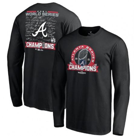 Men's Atlanta Braves 2021 Black World Series Champions Signature Roster Long Sleeve T-Shirt Men's Atlanta Braves 2021 Black World Series Champions Signature Roster Long Sleeve T-Shirt