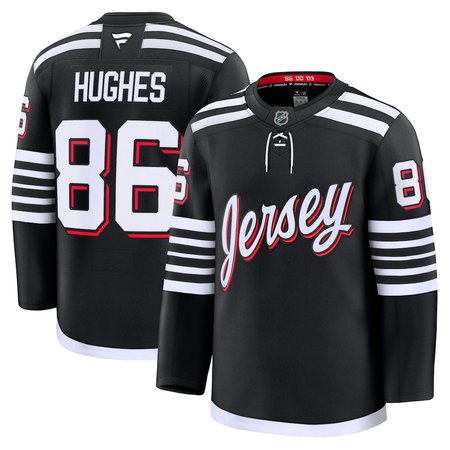 Men's New Jersey Devils #86 Jack Hughes Black 2024-25 Alternate With A Patch Stitched Hockey Premium Jersey