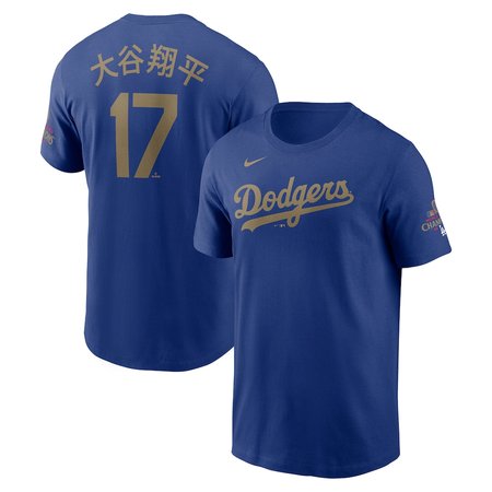Men's Los Angeles Dodgers #17 Shohei Ohtani Royal 2025 Gold Collection Kanji Name & Number T-Shirt