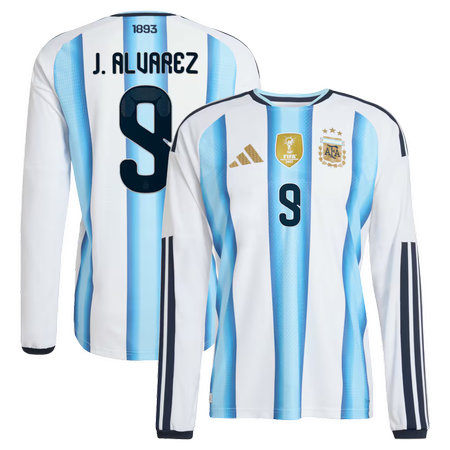 Men's J. Alvarez #9 Argentina Home Authentic Long Sleeve Jersey World Cup 2026 Men's J. Alvarez #9 Argentina Home Authentic Long Sleeve Jersey World Cup 2026