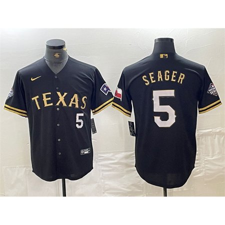 Men's Texas Rangers #5 Corey Seager Black Gold With Patch Cool Base Stitched Baseball Jersey