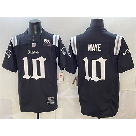 Men's New England Patriots #10 Drake Maye Black F.U.S.E. With 6x Super Bowl Champions Patch Gothic Revolution Edition Stitched Football Jersey Men's New England Patriots #10 Drake Maye Black F.U.S.E. With 6x Super Bowl Champions Patch Gothic Revolution Edition Stitched Football Jersey