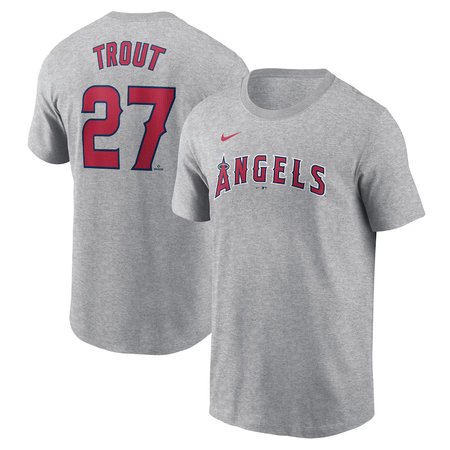 Men's Los Angeles Angels #27 Mike Trout Nike Gray Fuse Name & Number T-Shirt