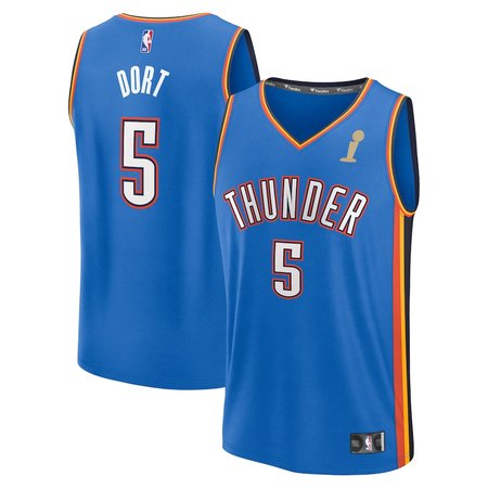 Men's Oklahoma City Thunder #5 Luguentz Dort Fanatics Blue 2025 NBA Finals Champions Fast Break Replica Player Icon Edition Jersey