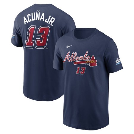Men's Atlanta Braves #13 Ronald Acuna Jr. Nike Navy 2025 MLB Speedway Classic Name & Number T-Shirt Men's Atlanta Braves #13 Ronald Acuna Jr. Nike Navy 2025 MLB Speedway Classic Name & Number T-Shirt