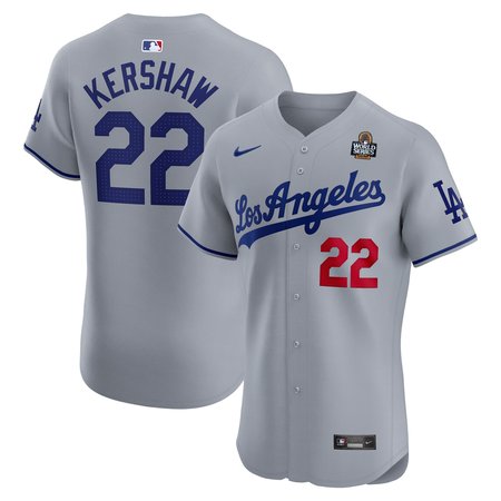 Men's Los Angeles Dodgers Clayton Kershaw Nike Gray 2024 World Series Road Elite Player Jersey Men's Los Angeles Dodgers Clayton Kershaw Nike Gray 2024 World Series Road Elite Player Jersey