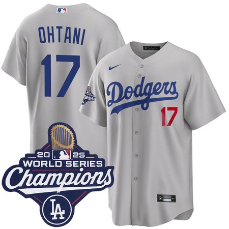 Men's Los Angeles Dodgers #17 Shohei Ohtani Nike Gray 2025 World Series Champions Home Limited Jersey