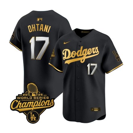 Men's Los Angeles Dodgers #17 Shohei Ohtani Nike Black Golden 2025 World Series Champions Home Limited Jersey