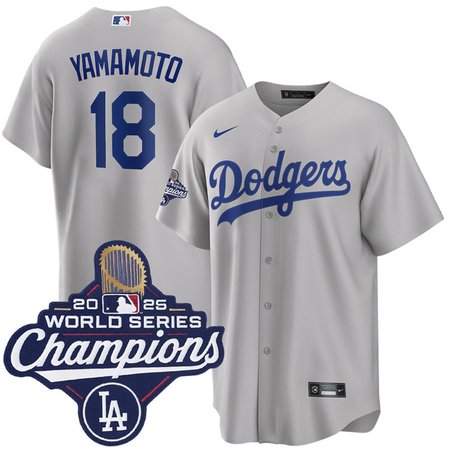 Men's Los Angeles Dodgers #18 Yoshinobu Yamamoto Nike Gray 2025 World Series Champions Home Replica Jersey