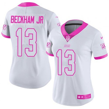 Nike Giants #13 Odell Beckham Jr White/Pink Women's Stitched NFL Limited Rush Fashion Jersey Nike Giants #13 Odell Beckham Jr White/Pink Women's Stitched NFL Limited Rush Fashion Jersey