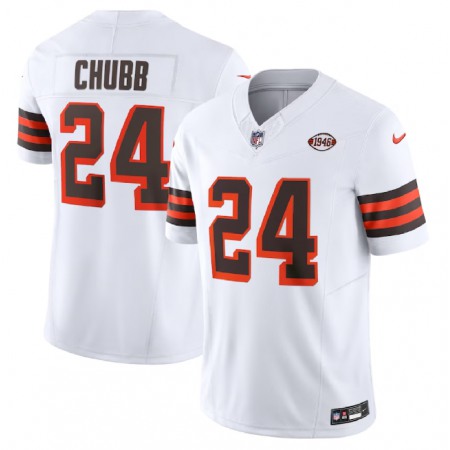 Men's Cleveland Browns #24 Nick Chubb White 2023 F.U.S.E. 1946 Collection Vapor Untouchable Limited Stitched Jersey Men's Cleveland Browns #24 Nick Chubb White 2023 F.U.S.E. 1946 Collection Vapor Untouchable Limited Stitched Jersey
