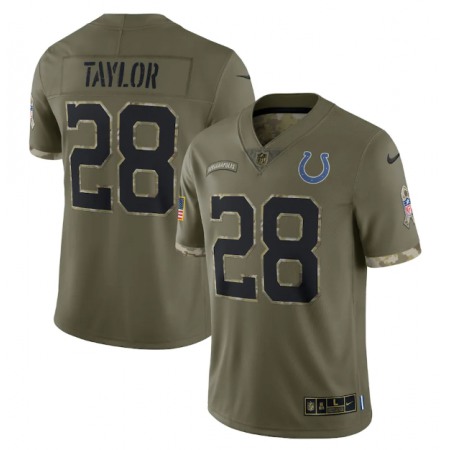 Men's Indianapolis Colts #28 Jonathan Taylor Olive 2022 Salute To Service Limited Stitched Jersey Men's Indianapolis Colts #28 Jonathan Taylor Olive 2022 Salute To Service Limited Stitched Jersey