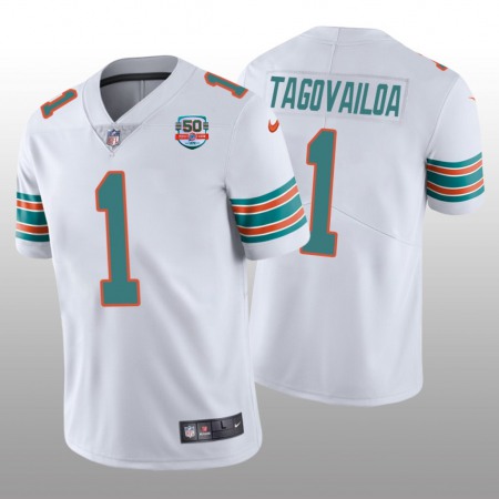 Men's Miami Dolphins #1 Tua Tagovailoa 2022 White With 50th Perfect Season Patch Limited Stitched Jersey Men's Miami Dolphins #1 Tua Tagovailoa 2022 White With 50th Perfect Season Patch Limited Stitched Jersey